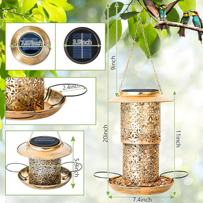 XDW-GIFTS Bird Feeder for Outdoors Solar Hanging Bird Feeder Bird House with Cardinal Feeder Large Capacity Metal Wild Bird Feeder for Garden Decor Unique Gifts & Patio Decor (Bronze, 10.5 INCH)