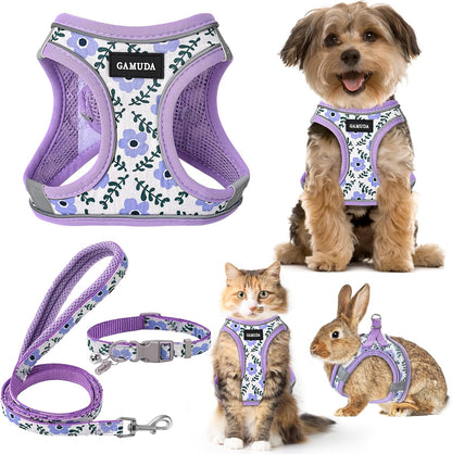 GAMUDA Small Dog Harness Collar and Leash Set, Step in No Chock No Pull Soft Mesh Adjustable Dog Vest Harnesses Plaid Reflective for Dogs Puppy Cats Kitten Rabbit (Purple Flower, S)