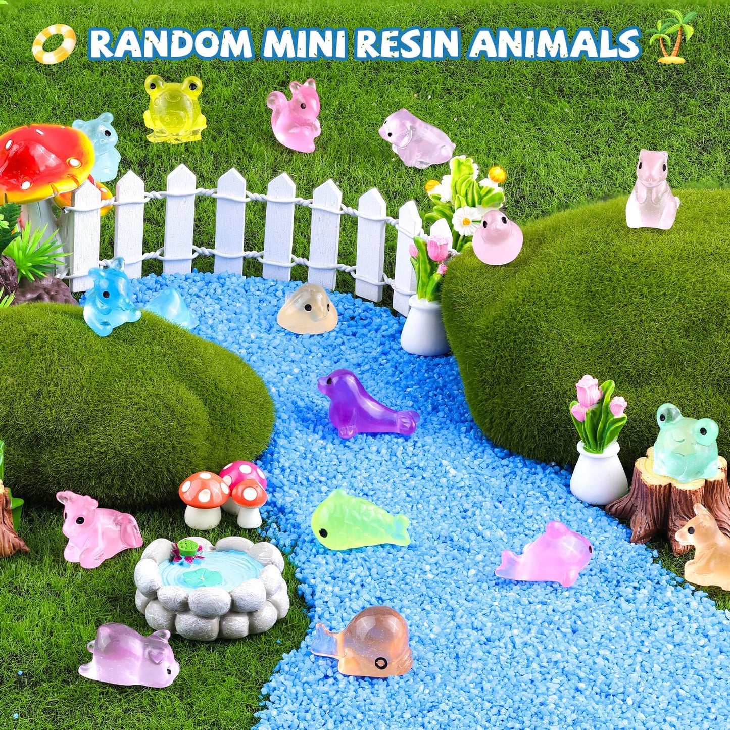 100PCS Random Mini Resin Animals Tiny Figurines Glow in Dark, Miniature Figures to Hide, Little Animal Toys Small Accessories for Topper Garden Dollhouse Landscape Aquarium Ornaments Crafts & Decor