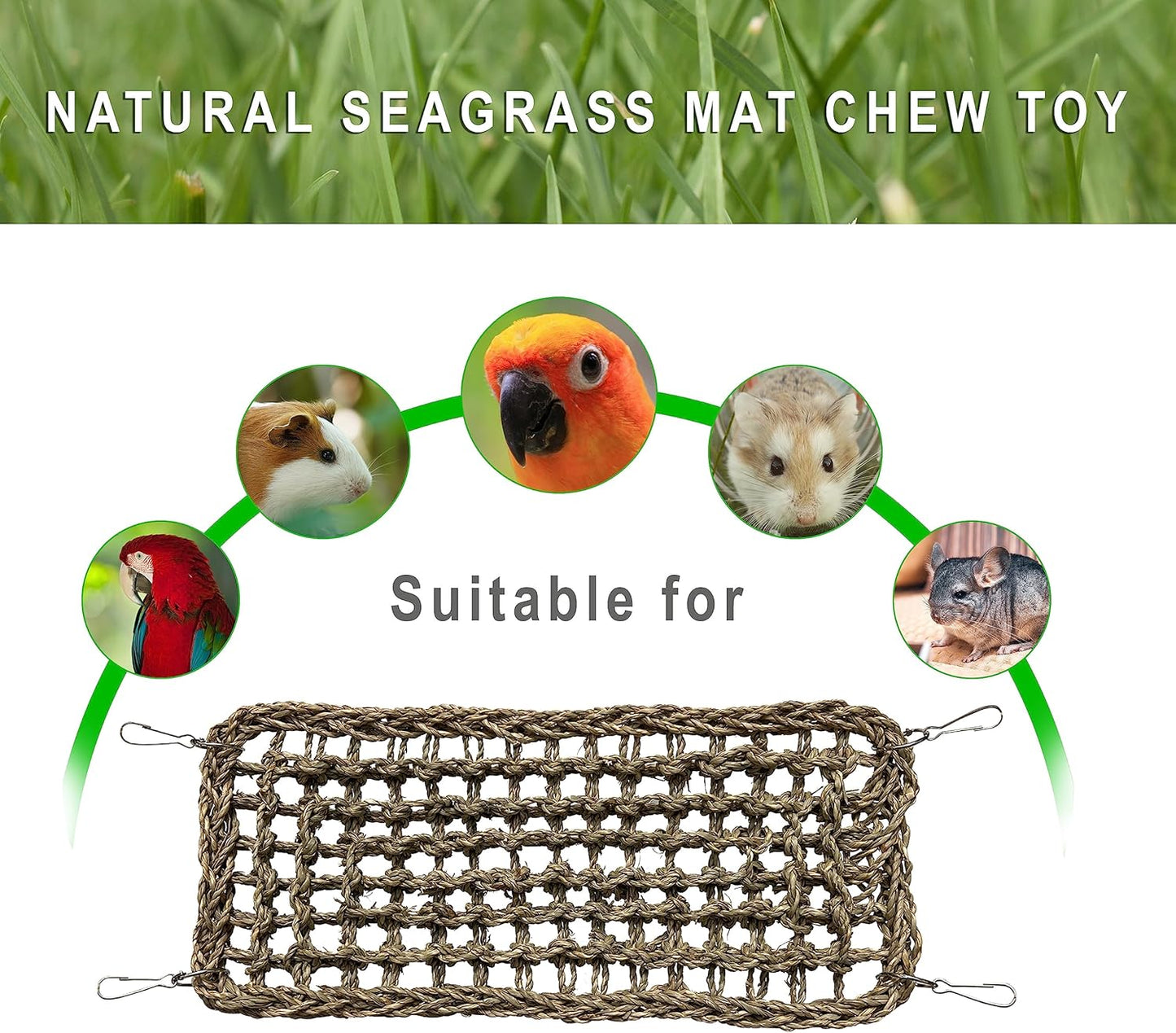 SIMENA Seagrass Mat for Birds, Natural Grass Woven Bird Net Hammock, Climbing Rope Ladder, Chew Toys for Parrots Lovebirds Cockatiels Conures Budgies, Cockatoos (Small)