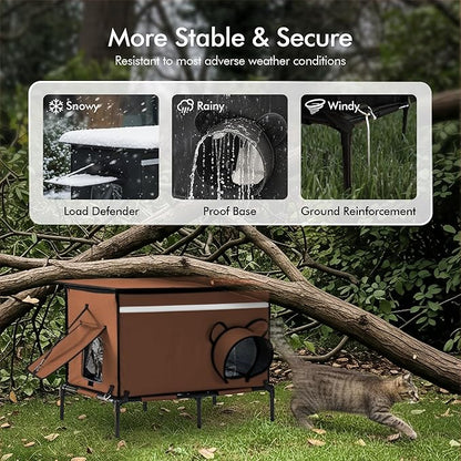 Heated Outdoor cat House for Outside, Weatherproof Insulated Feral Cat Shelter with Timer-Temp Control Heating Pad in Winter, Large Elevated Outdoor Cat House with Zipper, 2 Doors, Safety- Brown
