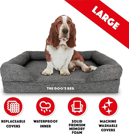 The Dog’s Bed, Large Grey Linen, Memory Foam, Pain Relief: Arthritis, Hip & Elbow Dysplasia, Post Surgery, Lameness, Supportive, Calming, Waterproof Washable Cover