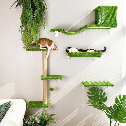 FUKUMARU Cat Wall Shelves, Stable & Safe 4 in 1 Cat Furniture Set, Wooden Climbing Wall with Scratching Post, Bridge and Bed, Stylish Jungle Gym for 16 Inch Drywall - Green