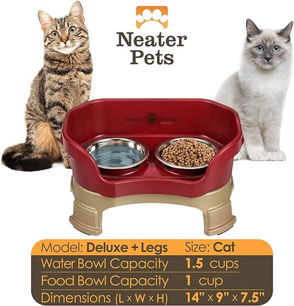 Neater Feeder Deluxe Mess Proof Cat Bowls Elevated for All Breeds – Made in USA – No Spill Raised Cat Bowls for Indoor Cats w/Leg Extensions – Stainless Steel Cat Food and Water Bowl Set - Red