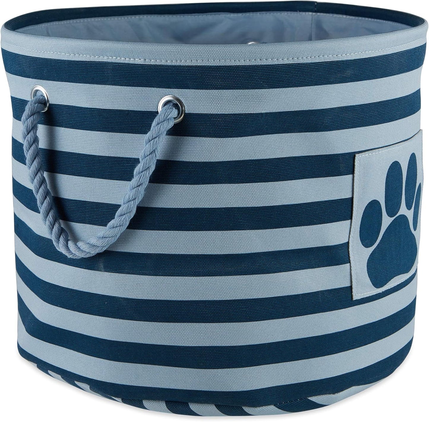 Bone Dry Pet Storage Collection Striped Paw Patch Bin, Dark Navy, Small Round