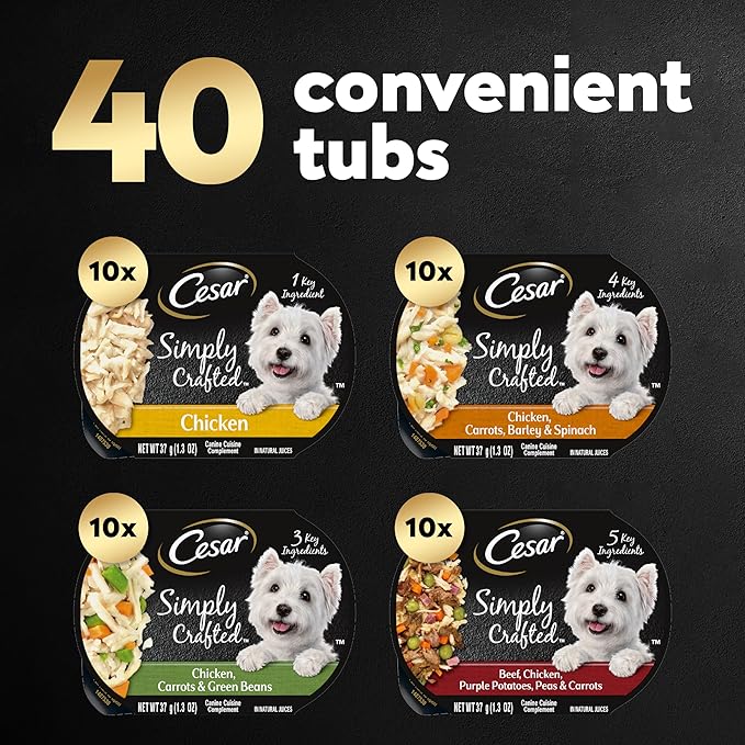 Cesar Simply Crafted Adult Wet Dog Food Meal Topper, Chicken Recipes and Beef Recipe Variety Pack, 1.3 oz. Trays (40 Count, Pack of 1)