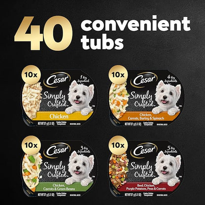 Cesar Simply Crafted Adult Wet Dog Food Meal Topper, Chicken Recipes and Beef Recipe Variety Pack, 1.3 oz. Trays (40 Count, Pack of 1)