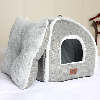 Cat Bed for Indoor Cats - Cat Cave Bed Cat House Cat Tent with Removable Washable Cushioned Pillow, Soft and Self Warming Kitten beds,Cat Beds & Furniture （Large Grey）