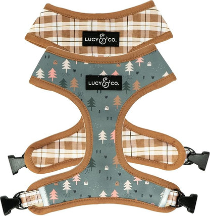 Lucy & Co. Cute Reversible Dog Harness Walking Halter - Best Designer Pet Harnesses for XS - XL Dogs - Padded Adjustable Vest for Easy Walking (X-Small, Neutral Brown Plaid with Blue Trees)