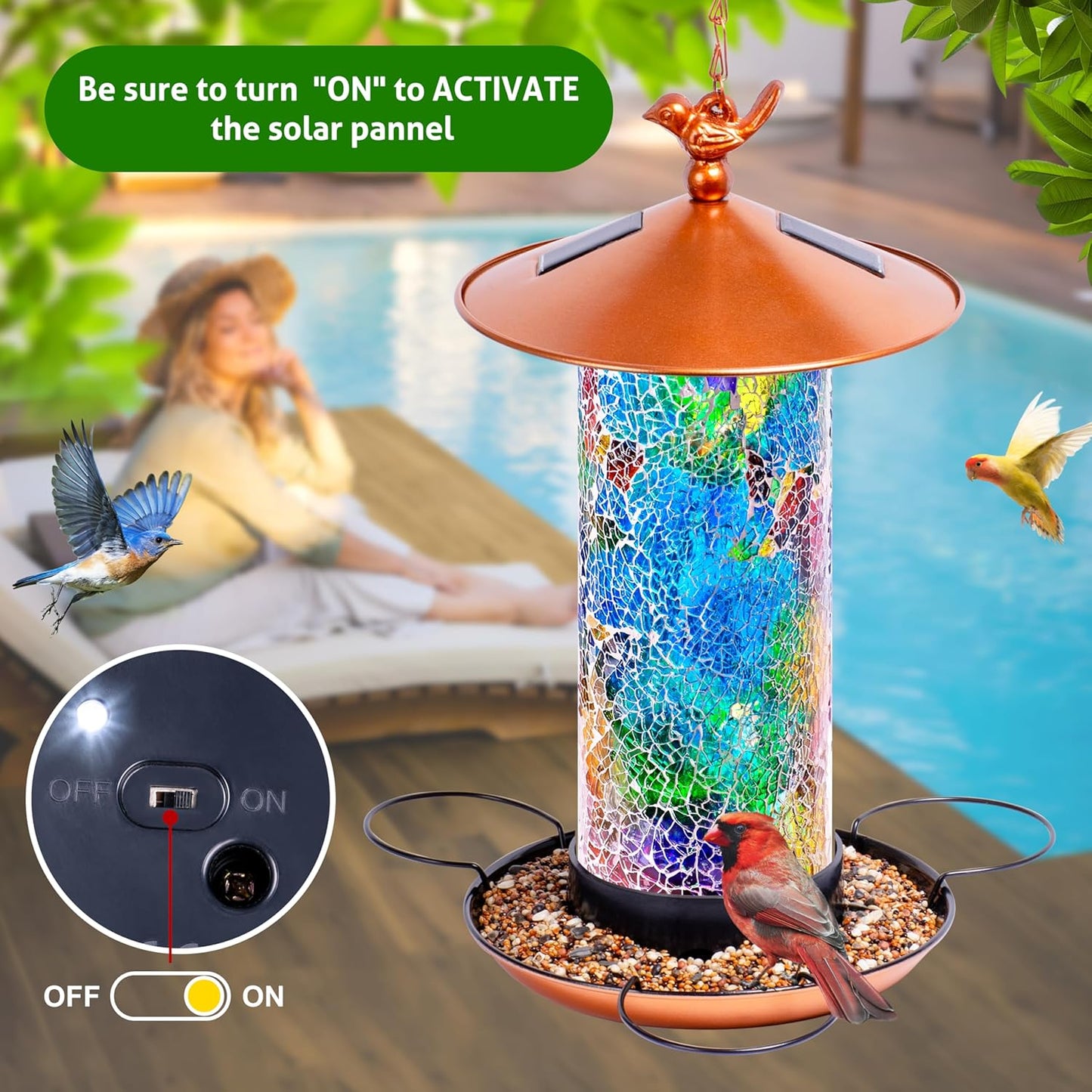 XDW-GIFTS Mosaic Solar Bird Feeder, Waterproof Lantern Shape with Hook & 4 LED Lights, Garden Decor for Lawn, Patio, Balcony, Yard Ornament - Unique Gifts for Mom,Women,Grandma,Bird Lovers