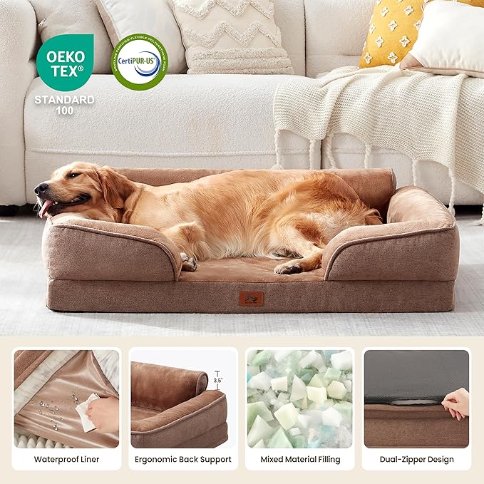 XL Orthopedic Dog Beds for Large Dogs, Waterproof Egg-Crate Foam Pet Couch Bed with Soft Sides, Non-Slip Dog Sofa with Flannel Removable Washable Cover, 42" L Supportive Pet Sofa, Brown