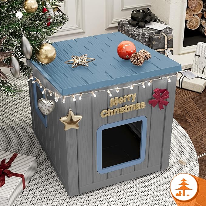 KAMABOKO Outdoor Cat House, Outside Multiple Kitty Feral Cat Houses, Weatherproof Shelter for Ferrel Cats and Dogs, Durable PP Material, Sloping Roof (Gray & Blue)