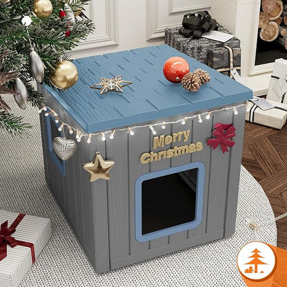 KAMABOKO Outdoor Cat House, Outside Multiple Kitty Feral Cat Houses, Weatherproof Shelter for Ferrel Cats and Dogs, Durable PP Material, Sloping Roof (Gray & Blue)