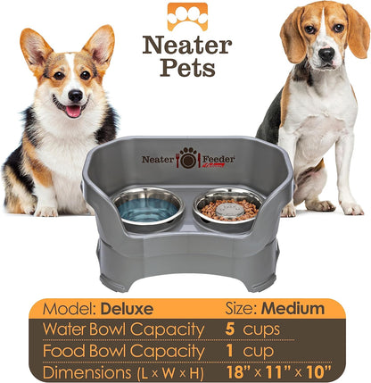 Neater Feeder Deluxe Mess Proof Dog Bowls Elevated for Medium Sized Breeds – Made in USA – No Spill Raised Slow Feeder Elevated Dog Bowl Stand, Stainless Steel Food and Water Bowl Set, Grey