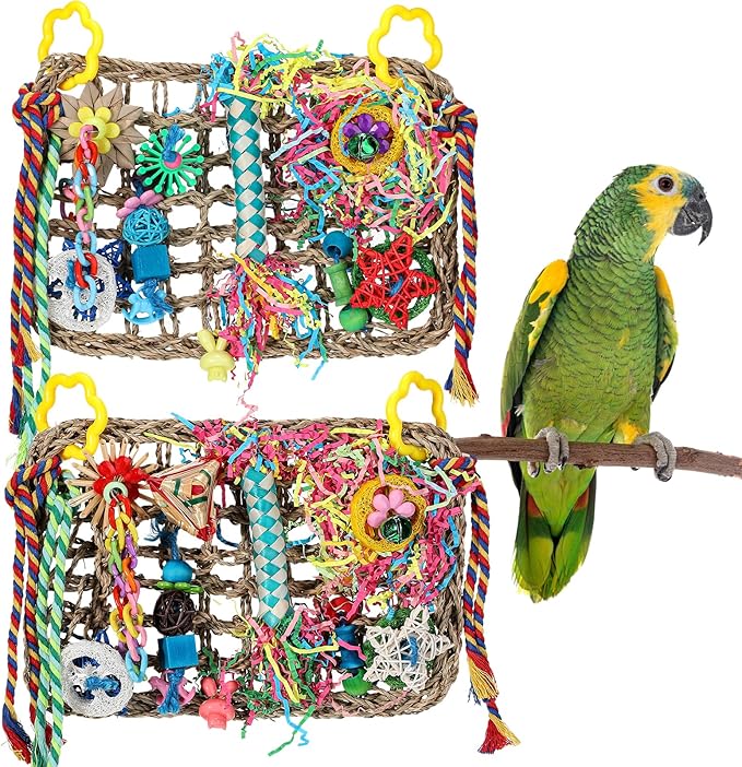 Liliful 2 Pieces Bird Foraging Toys for Parakeets Cockatiel Conures Lovebirds Foraging Shredding Seagrass Wall with Colorful Chewing Toys