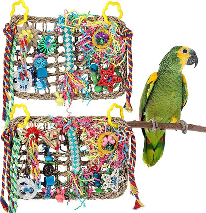 Liliful 2 Pieces Bird Foraging Toys for Parakeets Cockatiel Conures Lovebirds Foraging Shredding Seagrass Wall with Colorful Chewing Toys
