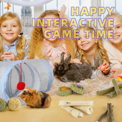 Bunny Tunnels & Tubes Collapsible 3 Way Rabbit Hideout with 13pcs Toys for Bunny Guinea Pig Hamster Chinchilla Hedgehog Rat Ferret Kitten (GY&BU)