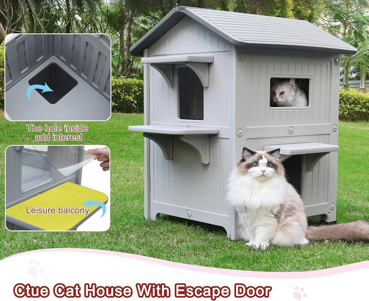 Rockever Plastic Insulated Outdoor Cat House with Escape Door, 2 Story Waterproof Cat House for Outdoor Cats for Feral Cats, Elevated Outside Cat Shelter, Clean and Assemble Easily