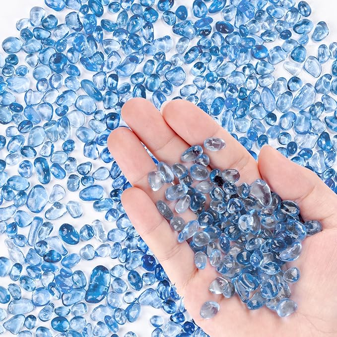 Meschett Colorful Glass Stones, 1 LB Fish Tank Gravel, Small Irregular Rainbow Aquarium Gravel for Aquarium Decorations and Turtle Tank, Sea Glass Beads Crystals for Fish Bowl, Vase Filler,Light Blue