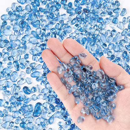 Meschett Colorful Glass Stones, 1 LB Fish Tank Gravel, Small Irregular Rainbow Aquarium Gravel for Aquarium Decorations and Turtle Tank, Sea Glass Beads Crystals for Fish Bowl, Vase Filler,Light Blue