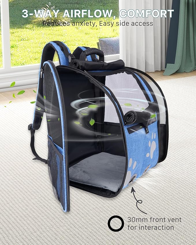 Cat Backpack Carrier with Comfort Handle, Ventilated Cat Backpack with Reflective Strips, Foldable Cat Carrying Backpack for Cats up to 17 lbs and Small Dogs up to 13 lbs (Blue)