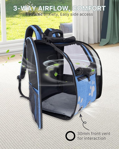 Cat Backpack Carrier with Comfort Handle, Ventilated Cat Backpack with Reflective Strips, Foldable Cat Carrying Backpack for Cats up to 17 lbs and Small Dogs up to 13 lbs (Blue)