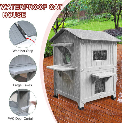 Rockever Plastic Insulated Outdoor Cat House with Escape Door, 2 Story Waterproof Cat House for Outdoor Cats for Feral Cats, Elevated Outside Cat Shelter, Clean and Assemble Easily