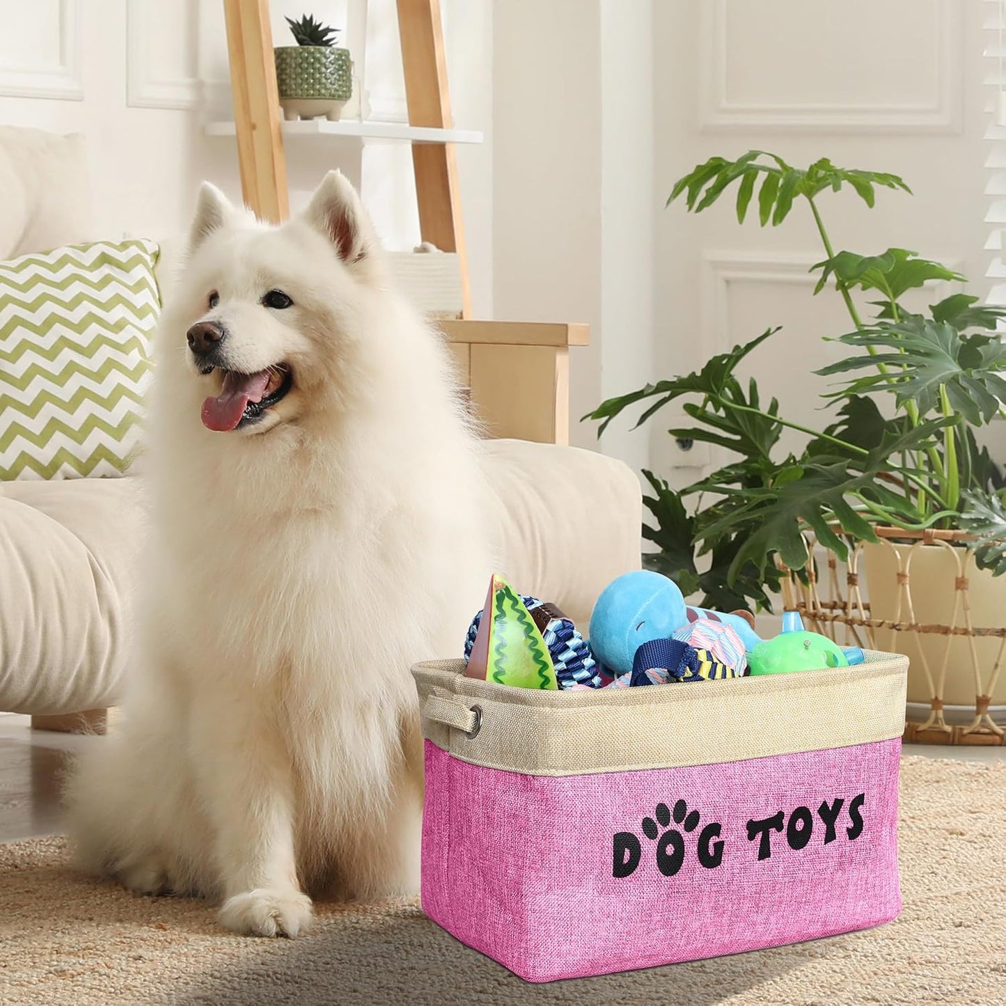 PET ARTIST Dog Toy Basket, Collapsible Dog Toy Bin Box with Comfortable Handles, Large Pet Toy Storage Organizer for Accessories, Toys, Coat & Clothing, Blanket & Leash, Pink, 15"x11"x9"