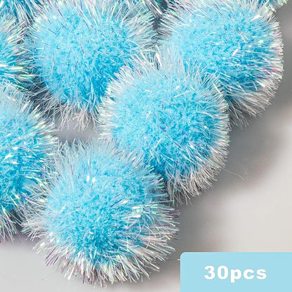 VAPKER 30 Pcs Cat Ball Toys Sparkle Balls Extra Large 2 Inch Cat's Favorite Chase Glitter Ball Glitter Tinsel Pom Poms Balls Light Blue Color