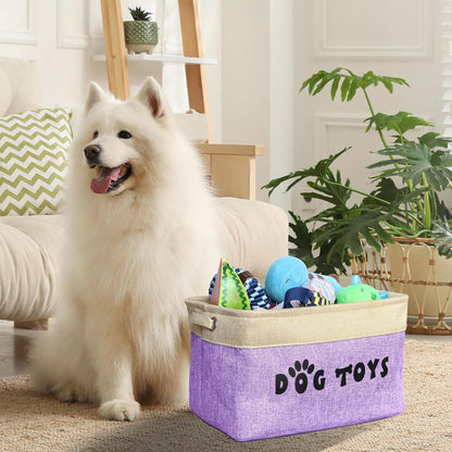PET ARTIST Dog Toy Basket, Collapsible Dog Toy Bin Box with Comfortable Handles, Large Pet Toy Storage Basket Organizer for Accessories, Toys, Coat & Clothing, Blanket & Leash, Purple, 15"x11"x9"