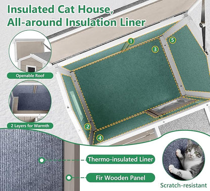 Insulated Cat House Weatherproof Outdoor Feral Cats Shelter Warm Home for Winter Indoor Cat Condo Elevated 8.3" Platform Balcony Waterproof Roof for1-3 Community Cats Small Pets