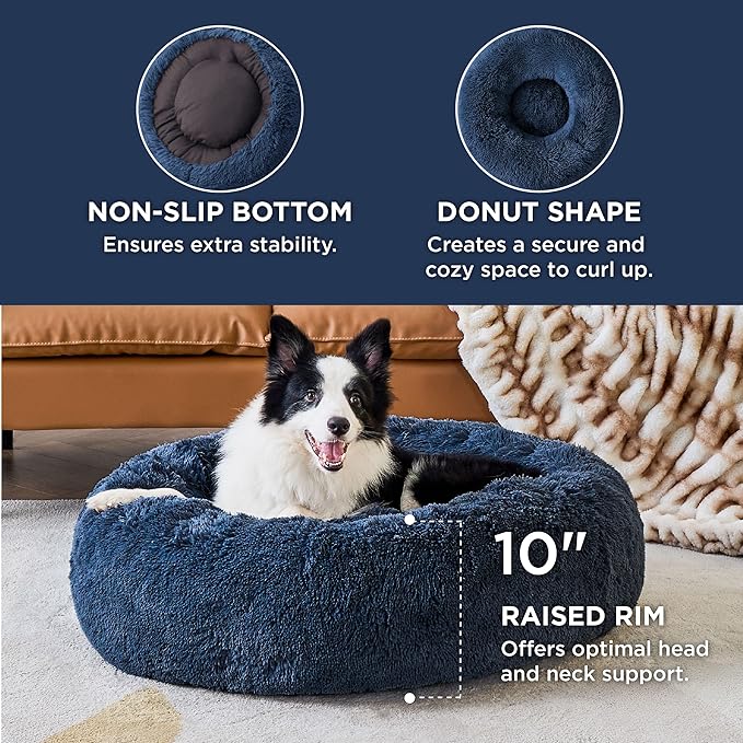Bedsure Calming Dog Bed for Large Dogs - Donut Washable Large Pet Bed, 36 inches Anti Anxiety Round Fluffy Plush Faux Fur Dog Bed, Fits up to 80 lbs Pets, Navy