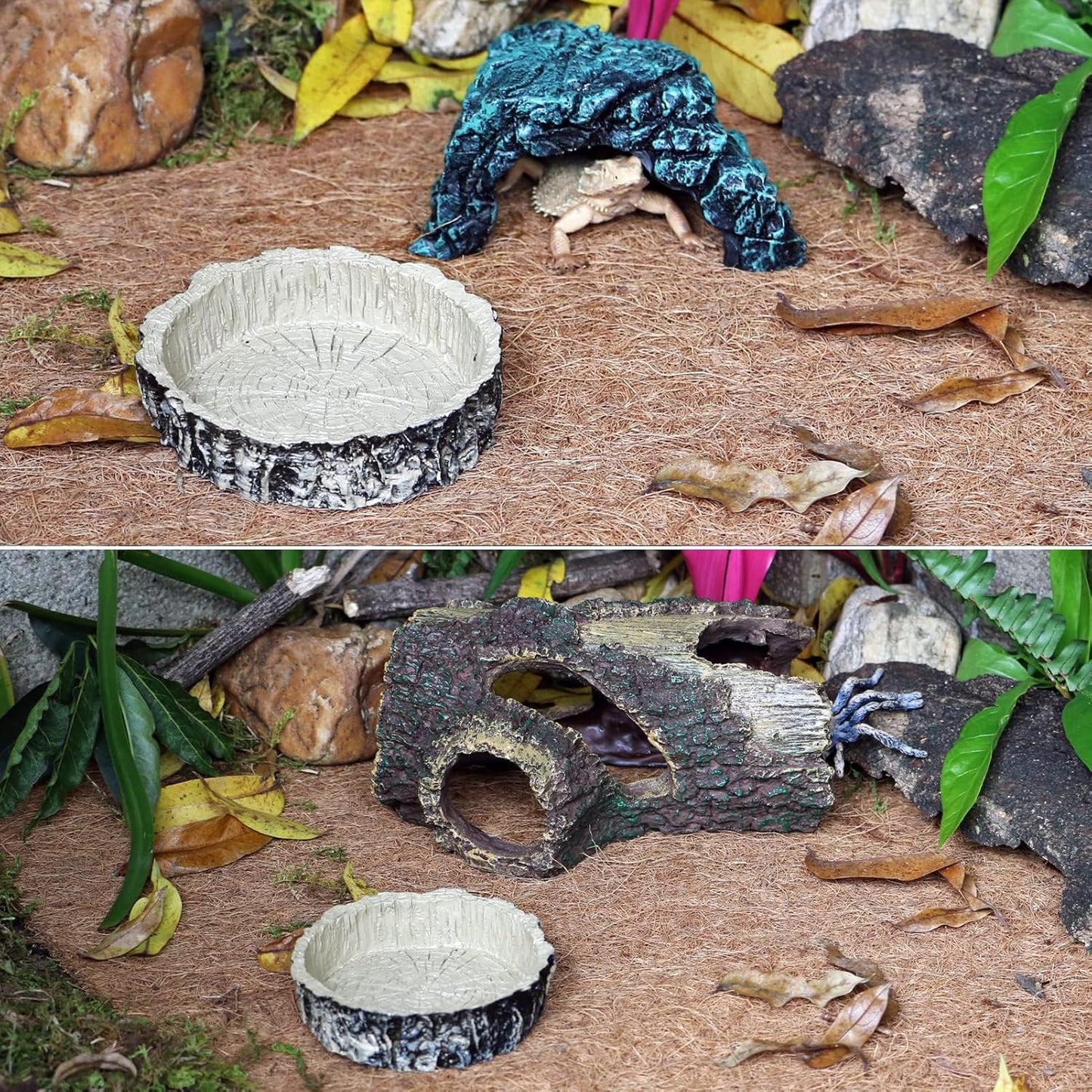 (2 Pack) Tree Trunk Food/Water Dish for Reptiles – Amphibians and Other Little Critters Water/Food Bowl, Made from Premium Non-Toxic Resin – Small Size