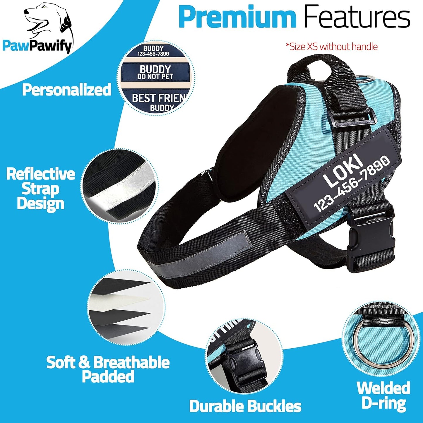 PawPawify Custom No Pull Dog Harness with Name and Phone Number, Heavy Duty Personalized Pet Vest to Prevent Tugging, Pulling, or Choking, Training and Walking (Sky Blue, XXL (Chest 36-42in))