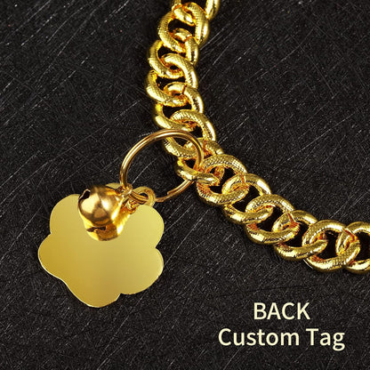 Hillban Cat Collar Diamond Chain Glitter Collar Walking Metal with Secure Buckle Cat Pet Necklace with Paw Charm and ID Tag Bell Link Cuban Jewelry Accessories(10 Inch,Gold)
