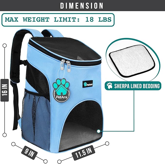 PetAmi Small Dogs and Cat Backpack Carrier, Airline Approved Pet Backpack Carrier, Ventilated, Safety Strap, Buckle Support Designed for Hiking Travel Camping Outdoor, Max 18 lbs (Light Blue)