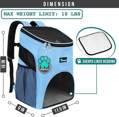PetAmi Small Dogs and Cat Backpack Carrier, Airline Approved Pet Backpack Carrier, Ventilated, Safety Strap, Buckle Support Designed for Hiking Travel Camping Outdoor, Max 18 lbs (Light Blue)