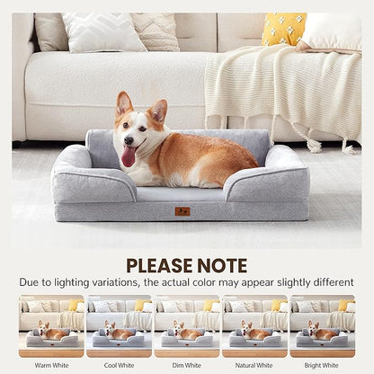 Orthopedic Dog Beds for Large Sized Dogs, Waterproof Egg-Crate Foam Pet Couch Bed with Soft Side, Non-Slip Dog Sofa with Flannel Removable Washable Cover, 35"L Supportive Pet Sofa, Light Grey