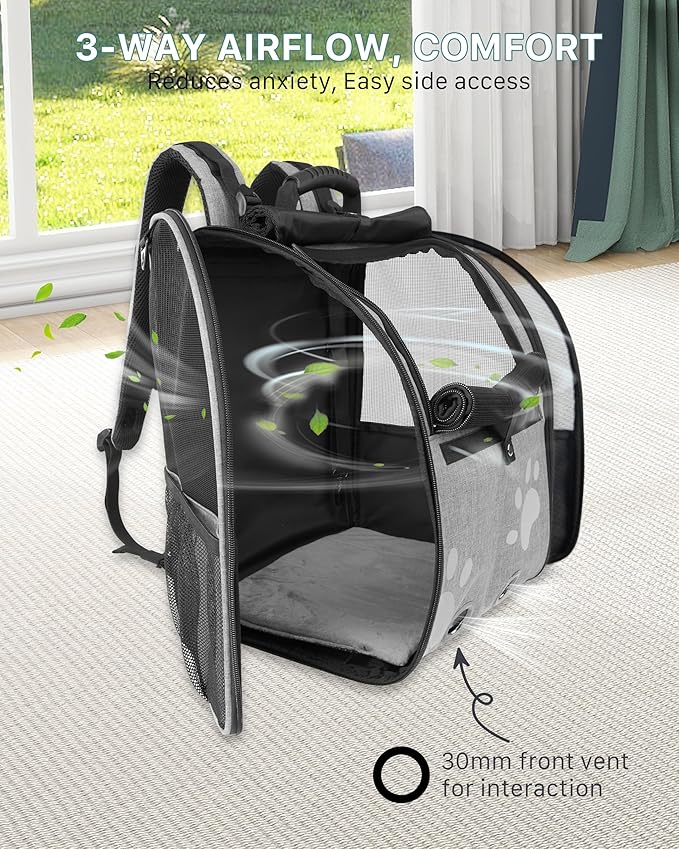 Cat Backpack Carrier with Comfort Handle, Ventilated Cat Backpack with Reflective Strips, Foldable Cat Carrying Backpack for Cats up to 17 lbs and Small Dogs up to 13 lbs(Grey).