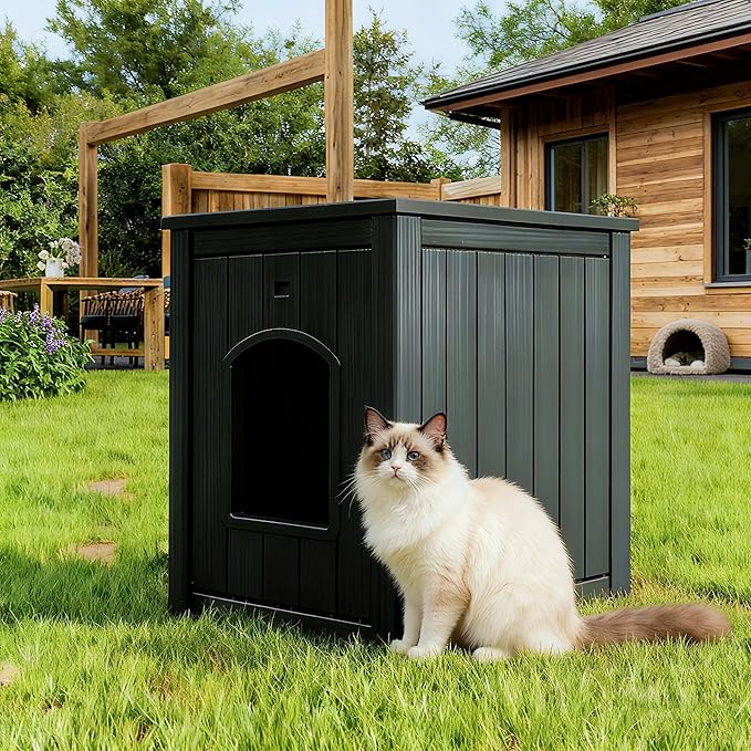 Outdoor Cat House Weatherproof, Feral Clawsable Cat Houses for Outdoor Indoor Cats Shelter, Insulated for Winter Outside, Durable Resin Material for Garden, Patio, Easy to Assemble, Black