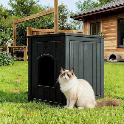 Outdoor Cat House Weatherproof, Feral Clawsable Cat Houses for Outdoor Indoor Cats Shelter, Insulated for Winter Outside, Durable Resin Material for Garden, Patio, Easy to Assemble, Black