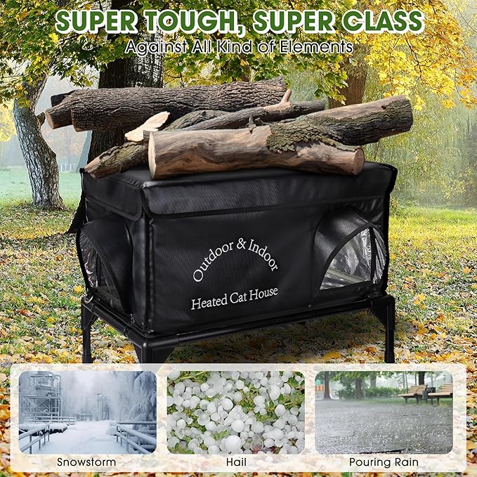 Heated Cat House for Outside Cat in Winter, Insulated Outdoor Feral Cat Shelter with Cat Heating Pad, 2 Doors,Elevated Waterproof Heated Kitty House (Black, 25"x13.7"x18")