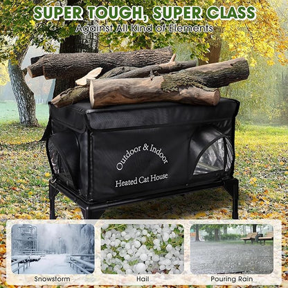 Heated Cat House for Outside Cat in Winter, Insulated Outdoor Feral Cat Shelter with Cat Heating Pad, 2 Doors,Elevated Waterproof Heated Kitty House (Black, 25"x13.7"x18")
