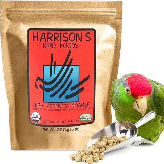 Harrison's Bird Foods High Potency Coarse—Maximum Nutritional Formula for Medium to Large Birds, Certified Organic Non-GMO Pet Bird Food, Vet-Developed, Suitable for All Life Stages, 2.27 kg/ 5 lb