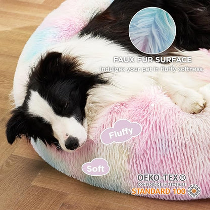 Bedsure Calming Dog Bed for Large Dogs - Donut Washable Large Pet Bed, Anti-Slip Round Fluffy Plush Faux Fur Dog Bed, Fits up to 80 lbs Pets, Multi-Colored, 36 inches