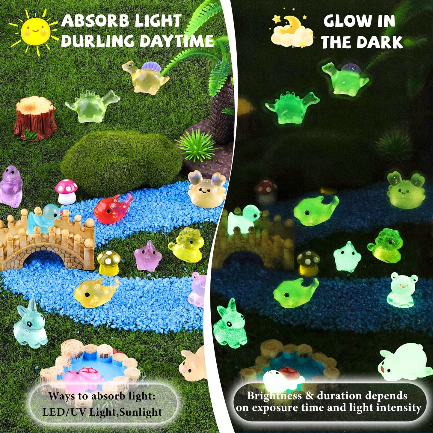 100PCS Mini Resin Animals Tiny Cute Figurines Glow in Dark, Miniature Figures to Hide, Little Animal Toys Small Accessories for Topper Desk Garden Dollhouse Landscape Aquarium Ornaments Crafts & Decor