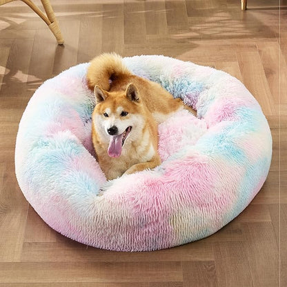 Bedsure Calming Dog Bed for Medium Dogs - Donut Washable Medium Pet Bed, Anti-Slip Round Fluffy Plush Faux Fur Cat Bed, Fits up to 45 lbs Pets, Multi-Colored, 30 inches