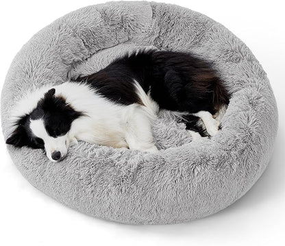 Bedsure Calming Dog Bed for Large Dogs - Donut Washable Large Pet Bed, 36 inches Anti-Slip Round Fluffy Plush Faux Fur Dog Bed, Fits up to 80 lbs Pets, Pale Grey
