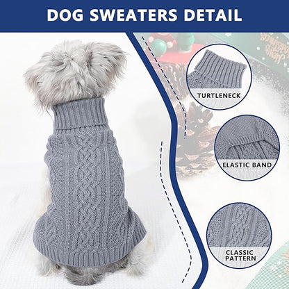 Dog Sweaters Small Dog Clothes Winter Turtleneck Puppy Sweater Warm Pet Cat Sweater Doggy Pullover Outfit with Twisted Design XS~XL(Grey, Large)