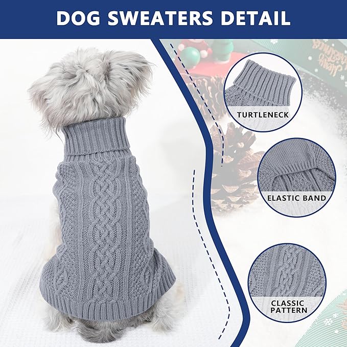 Dog Sweaters for Small Dogs Winter Dog Clothes Turtleneck Knit Puppy Sweater Warm Chihuahua Clothes Cat Sweater Frenchie Doggy Pullover Outfit with Twisted Design(Grey, Small)